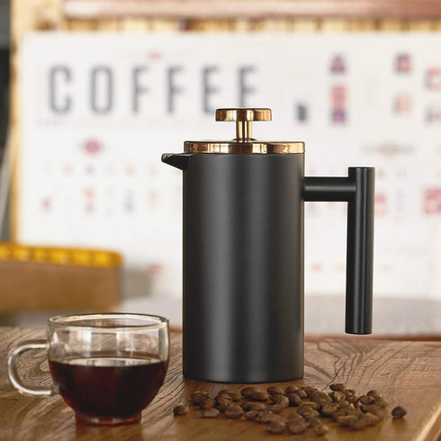 Black French Press Coffee Maker 12oz, Stainless Steel Insulated Coffee Press with Rose Gold Lid, 2 Extra Screens & 1