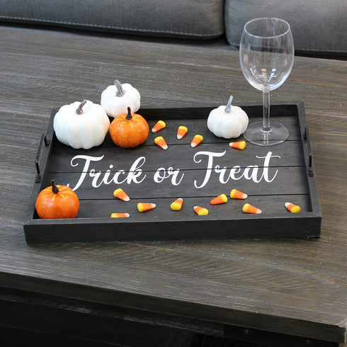 Elegant Designs Trick or Treat Decorative Wood Serving Tray - 15.50" x 12" Black Wash with Handles