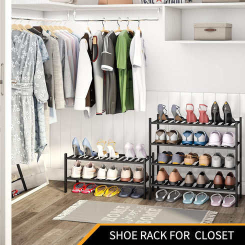 Shoe Rack, 2-Tier Bamboo Stackable Shoe Shelf Storage Organizer for Closet, Entryway and Hallway