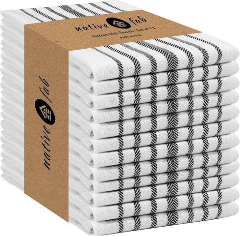 Native Fab Black Stripe Kitchen Towels 12 Pack Herringbone Scandia Weave 16"x26"