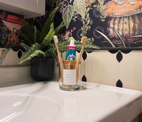 onsogi Countertop, Countertops 1 Pack Glass Toothbrush and Toothpaste Holder with Bamboo Divider for Bathroom