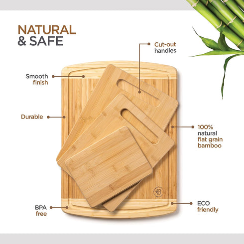 Set 4 Bamboo Cutting Board of - Wooden Cutting Boards for Kitchen with Juice Groove - Large Butcher Block, Cheese Board