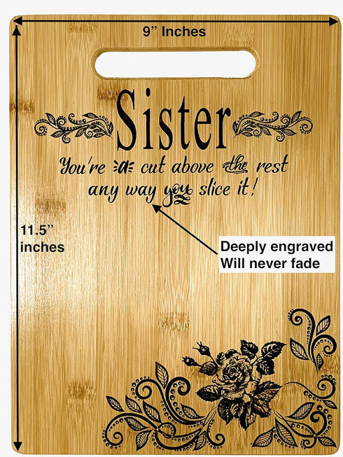 Sister Gift Bamboo Cutting Board, Engraved Design for Birthday, Christmas Gift, 9" x 12"