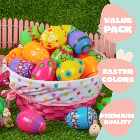 3.15Inch Favor-50 JOYIN Printed Plastic Eggs Colorful, Fillable Empty Eggs Bulks for Easter Hunt Event, Party pcs