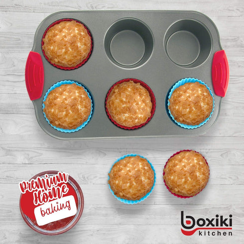 Boxiki Kitchen Non-Stick Steel Muffin Pan, 6 Cup with Silicone Handles and Reusable Liners