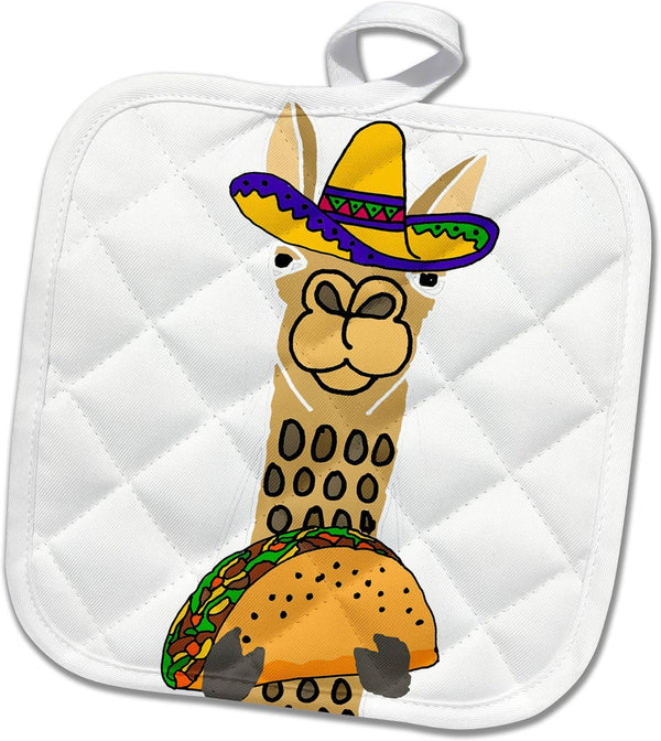 3dRose Pot Holder, Funny Cute Llama Wearing Sombrero and Eating Taco Cartoon, 8 by 8"