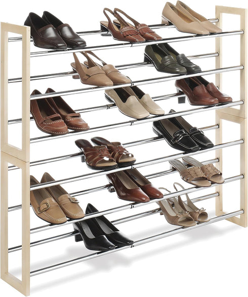 3 Whitmor Tier Expandable Shoe Rack -Stackable - Natural Wood and Chrome