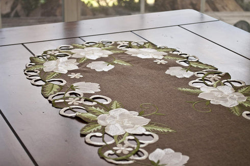 Beautiful White Magnolia Floral Design Table Runner with Green Leaves, Embroidered Cutwork Edges