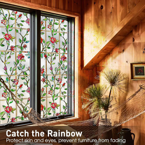 Windimiley 3D Rose Stained Glass Window Privacy Film, Non Adhesive Flower Window Tint for Bathroom (16.9 x 39.4 in)