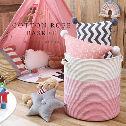 Sea Team Large Cotton Rope Woven Storage Basket with Lid, 16 x 20 inches, White & Pink, Clothes Toys Organizer
