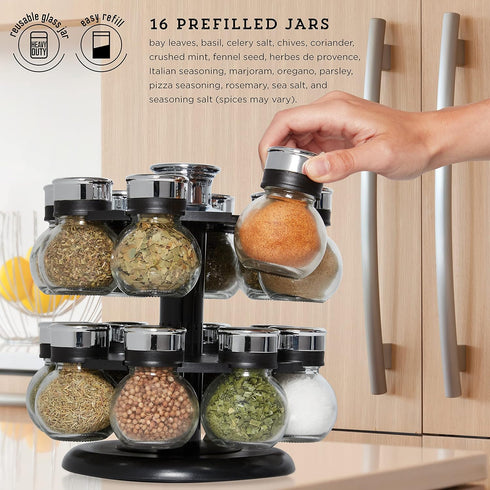 16 Countertop Kamenstein Ellington Jar Revolving Spice Rack with Prefilled Spices - Rotating Chrome and Plastic