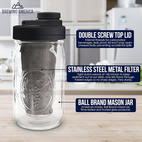 Brewing America Mason Jar Cold Brew Coffee Maker Infuser | Made in USA Wide Mouth Mason Jar with Screw Top Pour Lid,