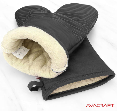 AVACRAFT Oven Mitts Pair, Flexible 100% Cotton with Heat Resistant Silicone, Thick Terry Cloth Interior, 500°F (Grey)