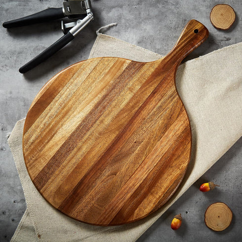 Acacia Wood Round Cutting Board with Handle - Versatile 16"x12" Wooden Charcuterie Board for Pizza, Bread, Cheese