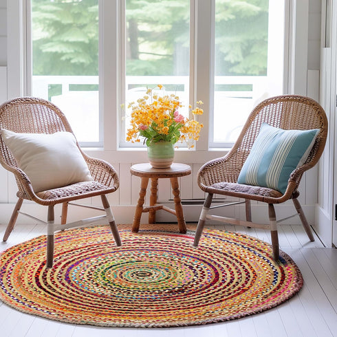 COTTON CRAFT Jute Chindi Braid Rag Rug - Boho Farmhouse Rustic Area Accent Throw Rug Carpet - Handwoven Reversible Natural Recycled Cotton - Living Room Den Home Décor Gift - 3 Feet Round Multi Color by COTTON CRAFT