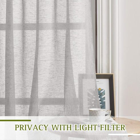 NICETOWN Linen Textured Semi Sheer Curtains, 63 Inches Length, Eyelet Top, 2 PCs, Grey, 52 Inches Wide