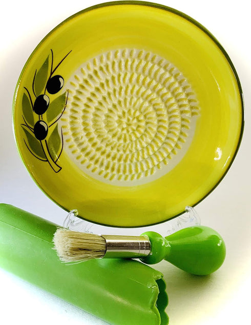 BonCera 4pcs Premium Ceramic Garlic Grater Set - Handmade Olive Design Grater Plate with Garlic Peeler, Gathering Brush