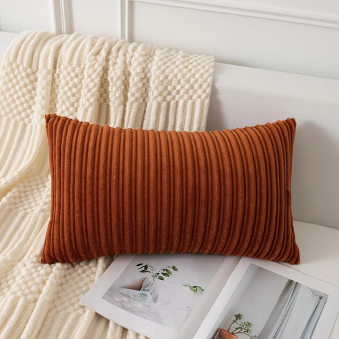 UGASA Fall Velvet 12x20 Inch Lumbar Soft Throw Pillow Covers, Decorative Corduroy Striped Cushion Cases, Pack of 2