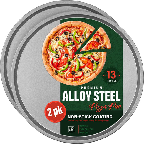 DecorRack 13 Inch Alloy Steel Pizza Pan, Non-Stick Coating, Round Baking Tray for Oven Use (2 Pack)