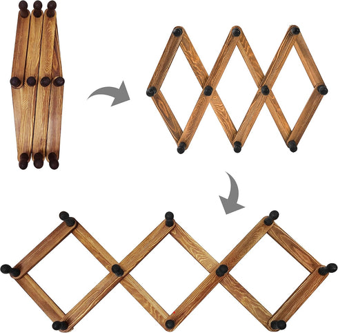 MyGift 10 Hook Burnt Wood Wall Mounted Expandable Accordion Peg Coat Rack for Entryway or Garage