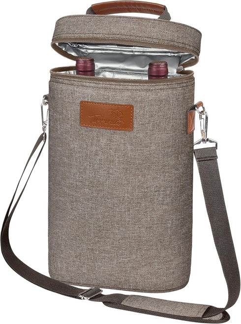 Tirrinia 2 Bottle Wine Gift Tote Carrier, Insulated Padded Wine Cooler Bag for Travel, Grey