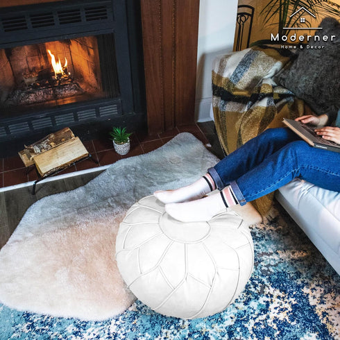 Moderner Faux Leather Pouf Unstuffed Ottoman Moroccan Footstool, Floor Footrest Cushion, Storage Solution - Natural