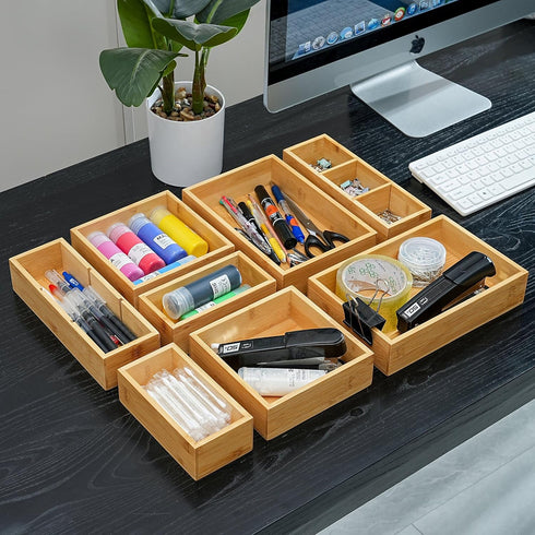 Fabsome Drawer Organizer, Set of 9 Bamboo Wood Storage Boxes for Kitchen, Makeup, Bathroom, Office
