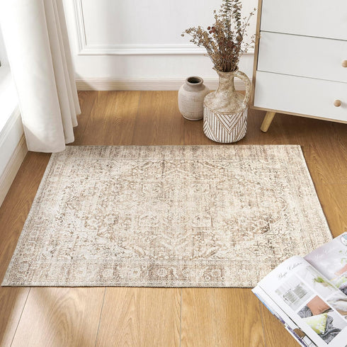 Boho Kitchen Rug Washable, 2x3 Non-Slip Farmhouse Neutral Small Area Rug for Bathroom Bedroom Indoor Entrway
