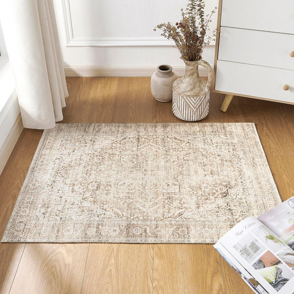 Boho Kitchen Rug Washable, 2x3 Non-Slip Farmhouse Neutral Small Area Rug for Bathroom Bedroom Indoor Entrway