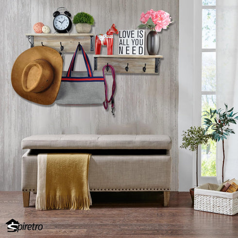 Spiretro Wall-Mounted Coat Hook Rack with Shelf - Set of 2, Rustic Wood Grey Organizer