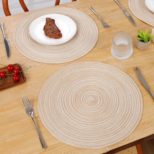 SHACOS 15 Inch Round Braided Placemats, Set of 6, Non-Slip Heat Resistant, Beige