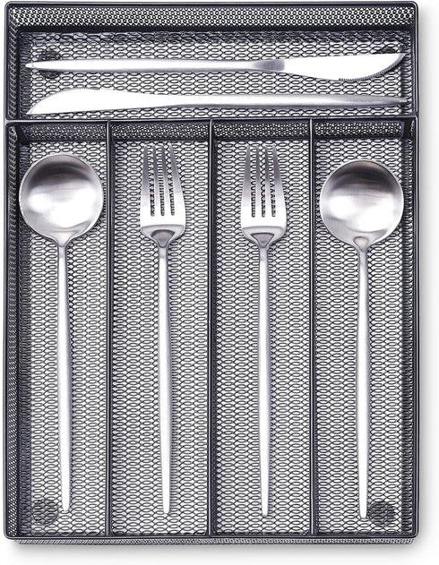 WuGeShop Black Silverware Drawer Organizer, Metal Mesh Utensil Tray, Non-Slip Cutlery Tray with 5 Compartments