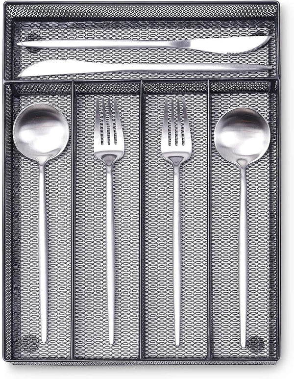 WuGeShop Black Silverware Drawer Organizer, Metal Mesh Utensil Tray, Non-Slip Cutlery Tray with 5 Compartments