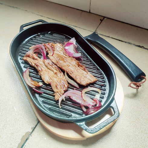 JIN BETTER GRILL PARTS New Skillet with Insulated Wooden Cushion, Removable Handle for Gas Cooktops and Grills