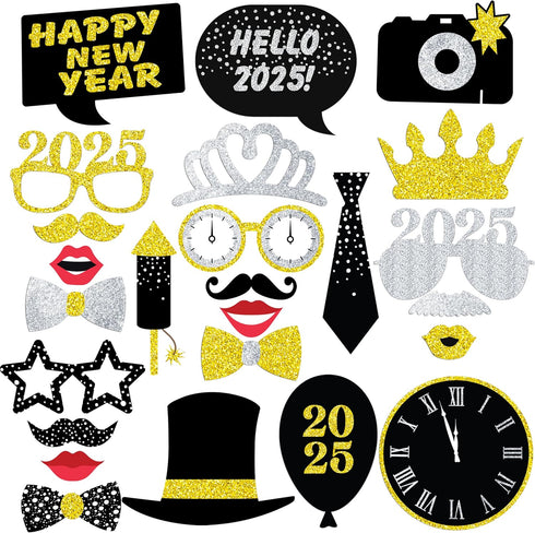 New Years Photo Booth Props, Pack of 20, Real Glitter, New Years Eve Party Supplies 2019