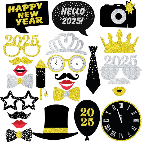 New Years Photo Booth Props, Pack of 20, Real Glitter, New Years Eve Party Supplies 2019