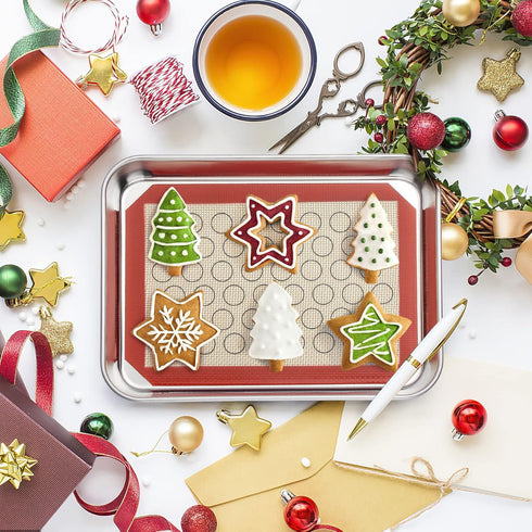 Baking Sheet with Silicone Mat Set of 4, Deedro Stainless Steel Cookie Sheet with Non-Toxic Baking Mats.