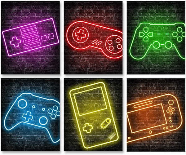 Neon Gaming Posters for Boys Room Decor, Gamer Wall Art Set of 6 (8”X 10”) for Bedroom, Game Room