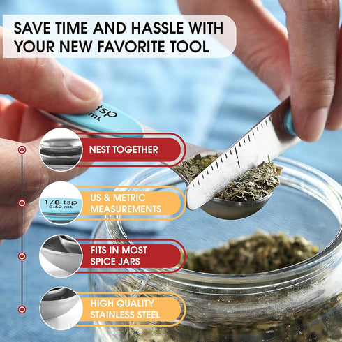 Spring Chef Stainless Steel Magnetic Measuring Spoons Set of 8, Nesting Metal Teaspoon & Tablespoon, Fits in Spice Jars
