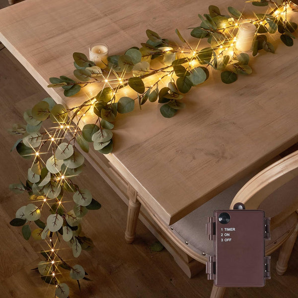 Hairui 6FT Lighted Artificial Eucalyptus Garland with 96 LED Battery Operated Faux Vine Lights and Timer for Decor
