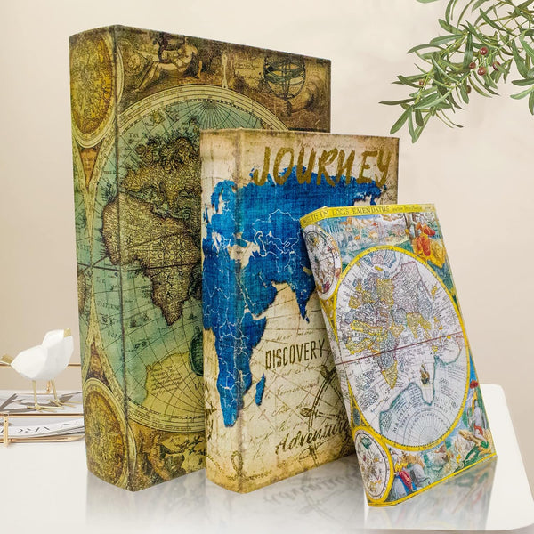 Decorative Book Box Set of 3, Faux Antique Trinket Keepsake Storage Box with Ancient World Map Pattern, Graduation Gift