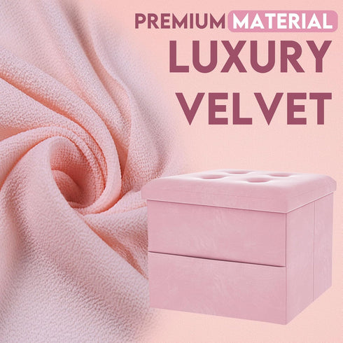 16"x12"x12" ZOES HOMEWARE Small Storage Ottoman Foot Rest, Velvet Ottoman with Storage and Side Pocket, Pink Foot Rest