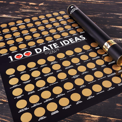 Divalis 100 Dates Scratch off Bucket List, Scratchable Motivational Achievements Checklist Poster, Black and Gold