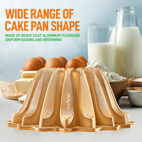 NutriChef 9" Nonstick Slope Bundt Cake Pan - Premium Thick Aluminum Cake Mold for Uniform Baking & Browning