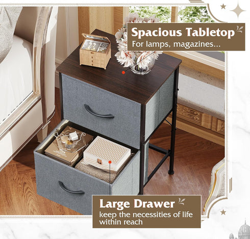 WLIVE Night Stand Set 2, Small Dresser and Nightstand with 2 Drawers, End Table with Fabric Bins for Bedroom