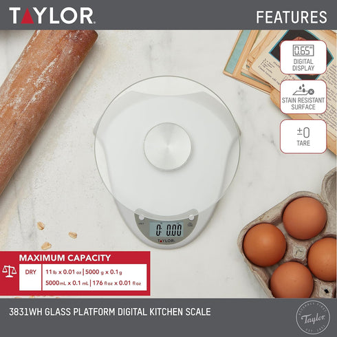 Taylor Digital Kitchen Scale with Glass Platform, Weighs up to 11 Pounds, White
