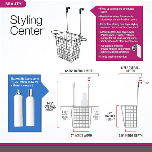 Spectrum Grid Tall Bathroom & Under Sink Organizer, Satin Nickel - Over the Cabinet Styling Station for Hair Dryer,