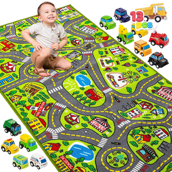 JOYIN Kids Play Rugs - 12 Pull-Back Vehicle Set - Durable Carpet