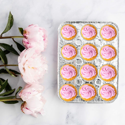 PLASTICPRO Aluminum Foil Muffin Pans - Reusable and Disposable, Holds 12 Mini Cupcakes, Pack of 20