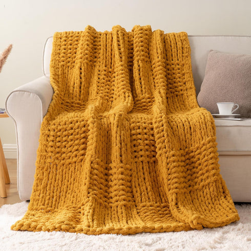 Bunnikins & Clover Mustard Yellow Throw Blanket for Couch, Chunky Knit Gold